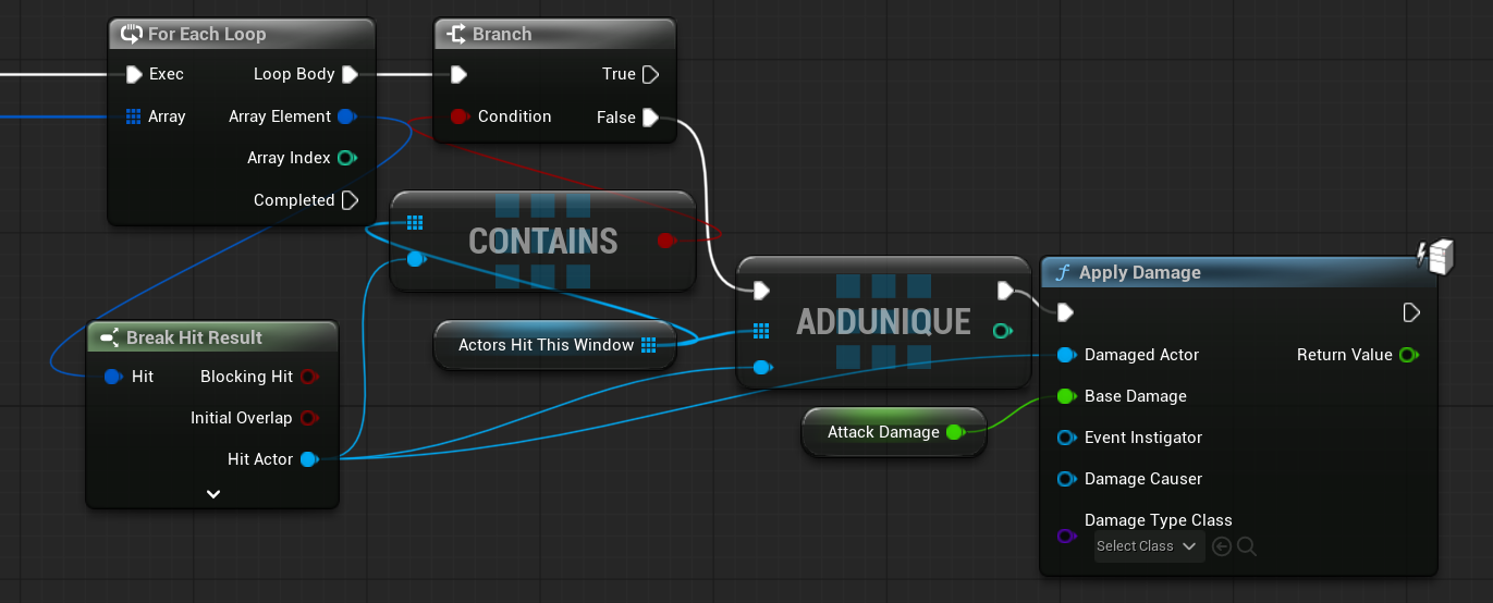 Reusable attack hit detection and damage handling graph